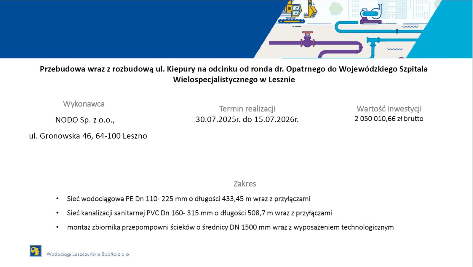 Przebudowa sieci wodociągowej wraz z przyłączami oraz kanalizacji sanitarnej wraz z przyłączami  na ulicy Kiepury w Lesznie